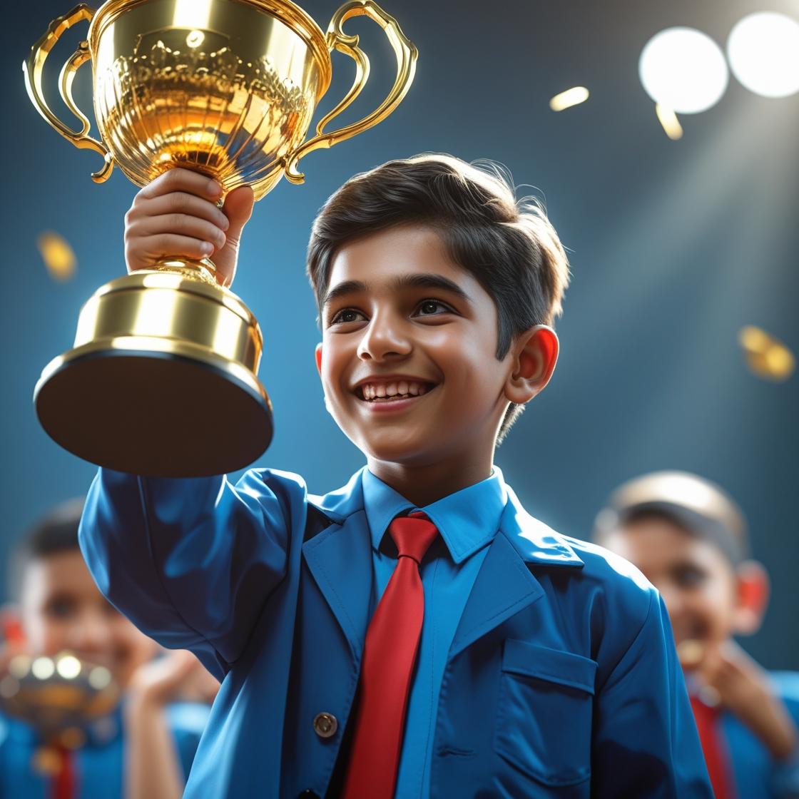 A STUDENT holding trophy, wearing blue jacket, red tie,, age around 10 years, athnicity south asian, looking happy, holding trophy, no bindi on forhead